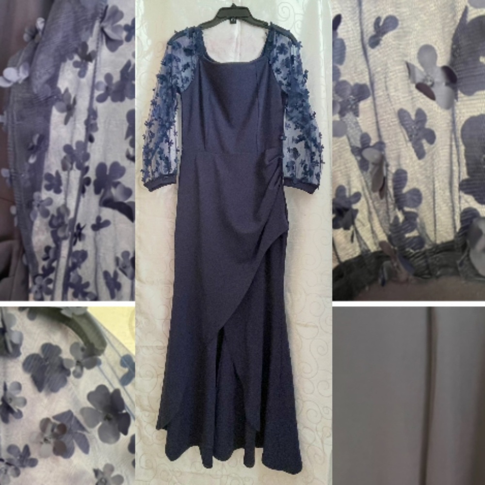 Long off shoulder dress with floral sheer sleeves